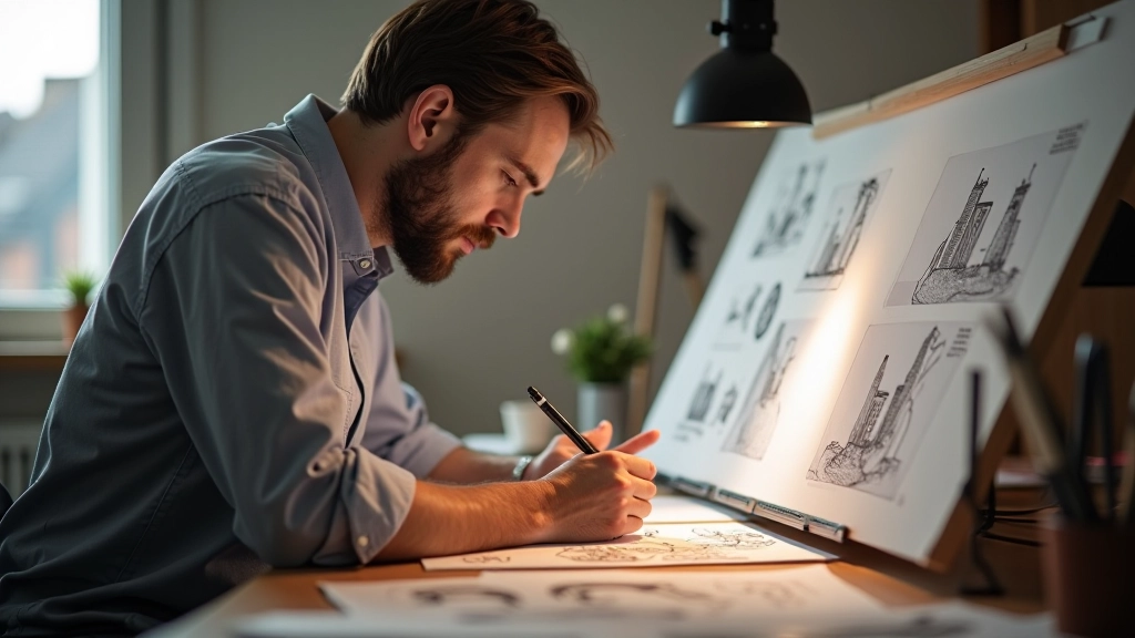 Künstler arbeitet an detaillierten Storyboard-Panels mit verschiedenen Kamerawinkeln und Bewegungsannotationen