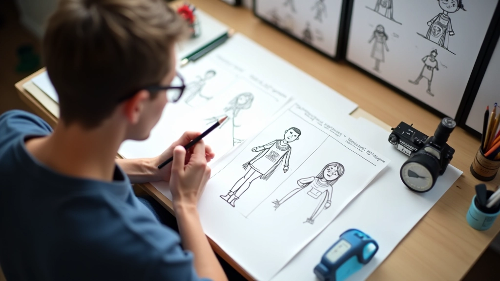 Künstler skizziert Charakter-Positionen auf Storyboard-Panel mit verschiedenen Kamerawinkeln