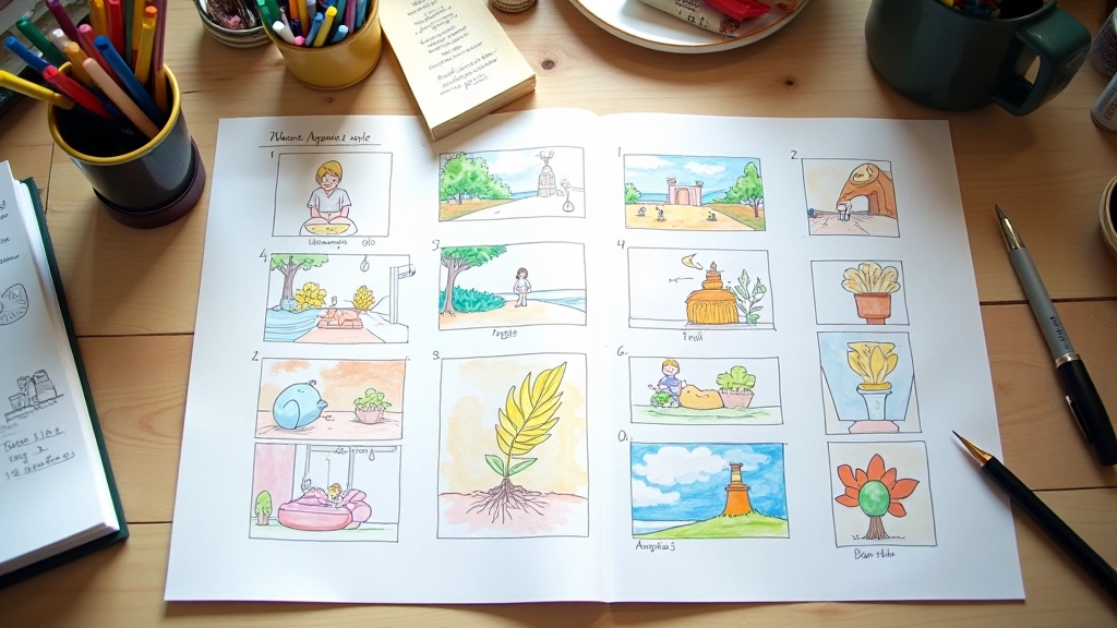 Mehrfarbige Storyboard-Skizzen mit Animation-Noten und Timing-Markierungen auf Papier
