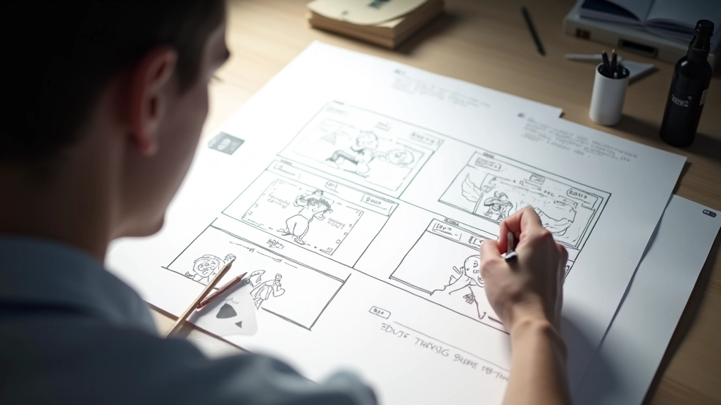 Storyboard-Raster mit detaillierten Bewegungspfeilen und Timing-Noten für Animationssequenz