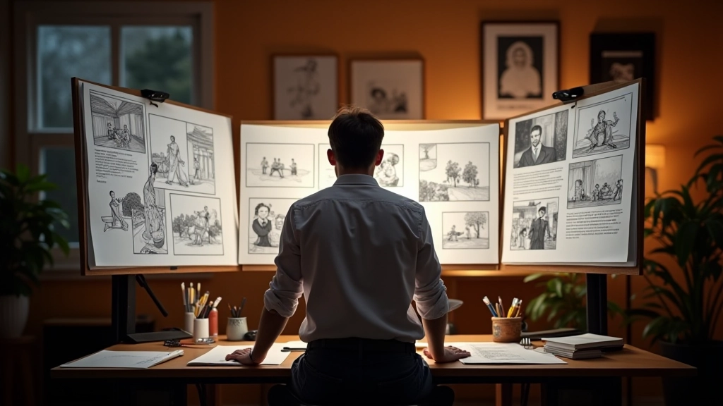 Storyboard-Artist bei der Arbeit an großformatigen Panels in professionellem Studio-Umfeld