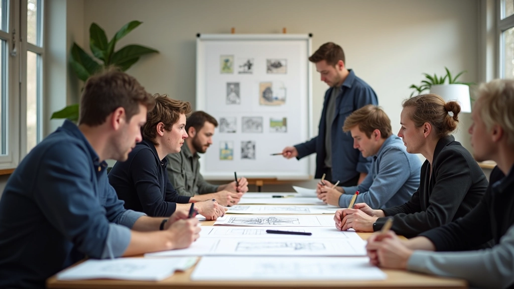Storyboard-Workshop mit mehreren Künstlern, die an großformatigen Panels zusammen arbeiten